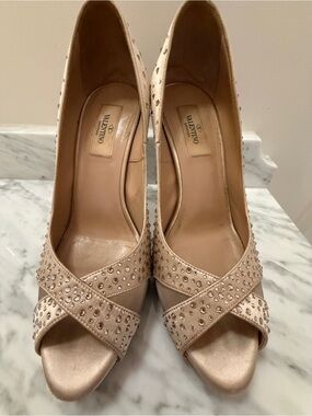 Valentino Garavani Crystal Satin Peep Toe Pumps Size 38
